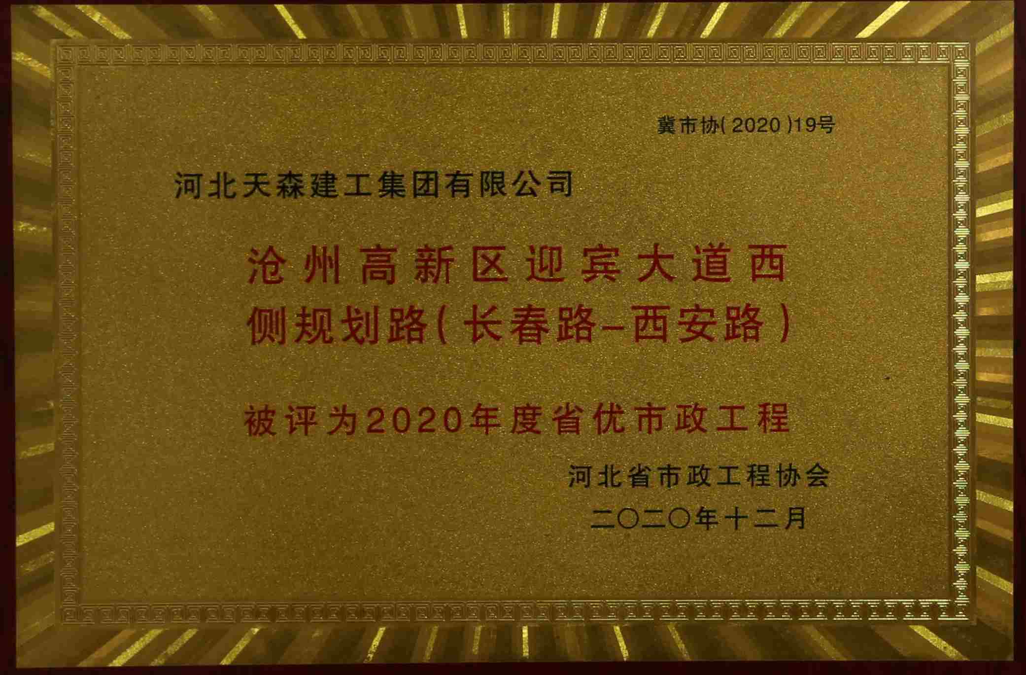 2020年度河北省优秀市政工程 沧州高新区迎宾大道西侧规划路（长春路-西安路）